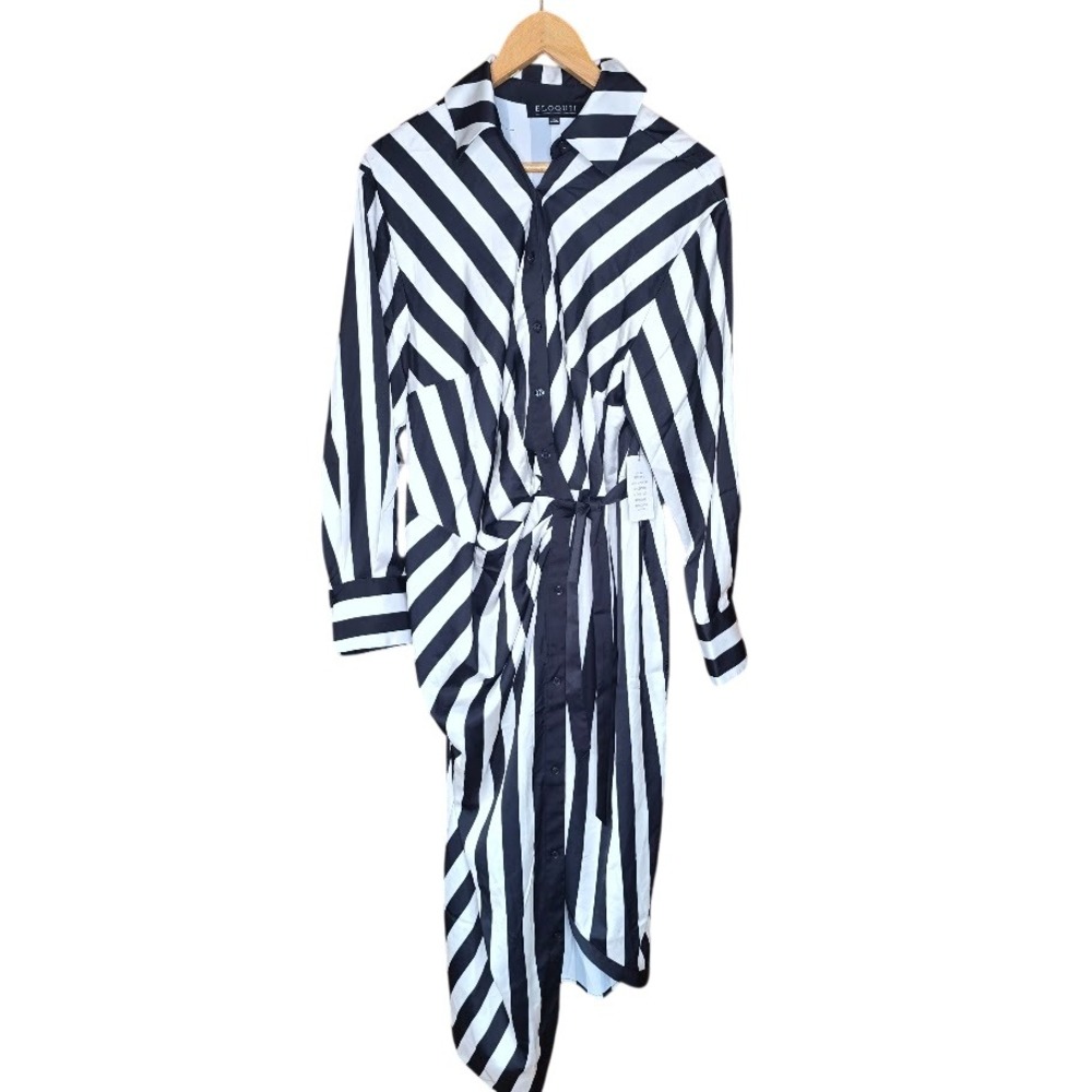 ELOQUII Black White Mod Stripe Wrap Shirt Dress Asymmetrical Women 16 Chic Bold‎